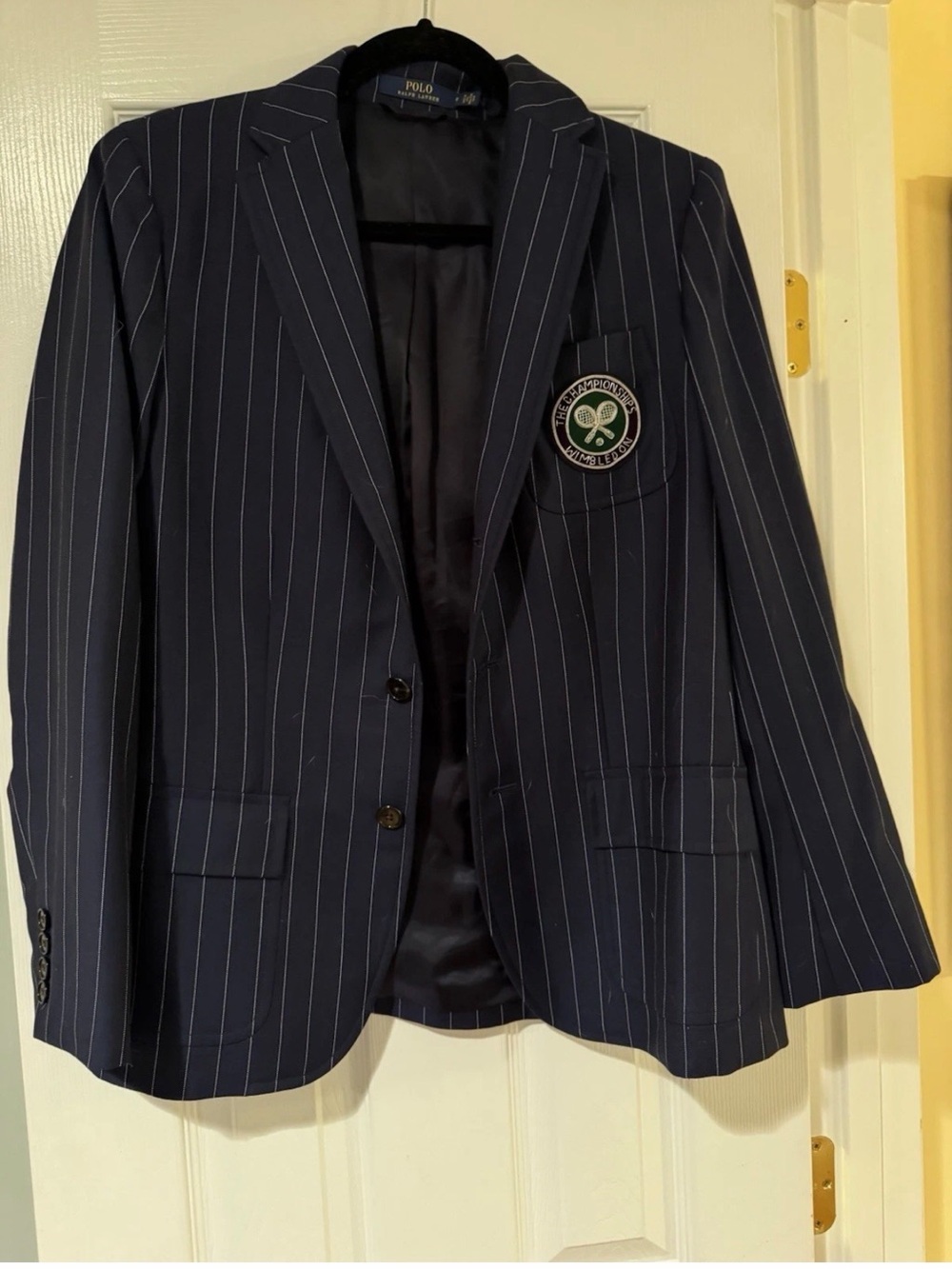 Polo by Ralph Lauren Navy Pinstripe Blazer with Crest Patch